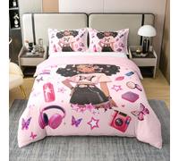 Loussiesd Juego de funda de edredón de 3 piezas, 100 % algodón, tamaño doble, afroamericana, diseño de mariposas, color rosa, transpirable, suave, ligero