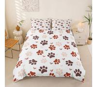 Loussiesd Juego de funda de edredón de 3 piezas con estampado de huellas de gato para niños y niñas, decoración de habitación de amor, color blanco, rojo, transpirable, suave y ligero, microfibra