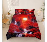 Loussiesd Juego de funda de edredón de 3 piezas, diseño de árbol de arce rojo, tamaño doble, estilo japonés, transpirable, suave, atardecer, cielo, decoración de dormitorio, microfibra, cierre de