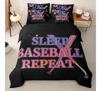 Loussiesd Juego de funda de edredón de béisbol con sábanas, 7 piezas, tamaño individual, para comer, dormir, cama de béisbol en una bolsa, juego de ropa de cama para niños y niñas, temática deportiva