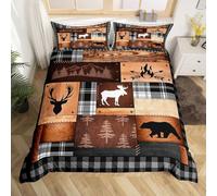 Loussiesd Juego de funda de edredón de cabaña tamaño doble con oso rústico y ciervo para niños y niñas, juego de ropa de cama de 3 piezas de madera a cuadros, decoración de habitación de granja y vida
