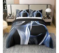 Loussiesd Juego de funda de edredón de línea azul negra 100 % algodón, tamaño Super King, juego de ropa de cama moderno abstracto transpirable suave con estampado de líneas fluidas, 3 piezas