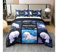 Loussiesd Juego de funda de edredón de manatí 100 % algodón, tamaño individual, diseño de dibujos animados de animales del océano, para niños y niñas, criaturas marinas, 2 piezas, decoración de