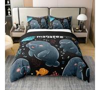Loussiesd Juego de funda de edredón de manatí 100 % algodón, tamaño King, diseño de animales del océano, para niños y niñas, criaturas marinas, decoración de dormitorio, 3 piezas, cierre de cremallera