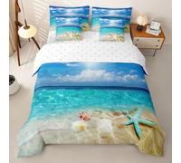 Loussiesd Juego de funda de edredón de playa tamaño King, 7 piezas, diseño de estrella de mar, juego completo de ropa de cama con funda de edredón, sábanas, fundas de almohada, fundas de cojín