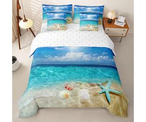 Loussiesd Juego de funda de edredón de playa tamaño King, 7 piezas, diseño de estrella de mar, juego completo de ropa de cama con funda de edredón, sábanas, fundas de almohada, fundas de cojín