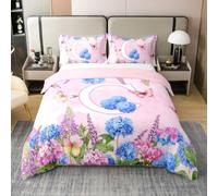 Loussiesd Juego de funda de edredón floral de hortensias, 100 % algodón, tamaño King, con letra inicial C, para niños y niñas, 3 piezas, decoración de habitación, transpirable, suave y ligera