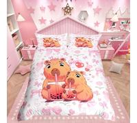 Loussiesd Juego de funda de edredón tamaño Super King con diseño de flores y lazo rosa capibara para niños, decoración de corazón, color marrón kawaii, 3 piezas, decoración de habitación