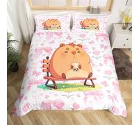 Loussiesd Juego de funda de edredón tamaño Super King Happy Capibara con lazo rosa y flores para niños, decoración de animales kawaii, 3 piezas, decoración de habitación