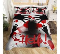 Loussiesd Juego de ropa de cama de Halloween con diseño de manos sangrientas de terror, funda de edredón para niños y adultos, funda de edredón con accesorios de miedo, elementos de Halloween con 2