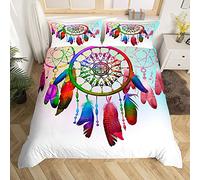 Loussiesd - Juego de ropa de cama de microfibra con estampado de atrapasueños bohemio y colorido con plumas para niñas, niños y adolescentes, con 2 fundas de almohada, tamaño doble