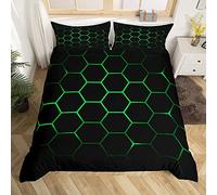 Loussiesd Juego de ropa de cama hexagonal con diseño geométrico 3D de panal de abeja para niños y niñas, funda de edredón hexagonal de colmena, color verde neón y negro, 2 piezas, tamaño individual