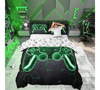Loussiesd, Juego de ropa de cama infantil con diseño de mando de videojuegos, 135 x 200 cm, diseño geométrico moderno de panal de abeja, color verde y negro