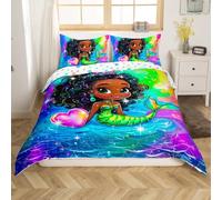 Loussiesd Juego de ropa de cama infantil con diseño de sirena, color negro, princesa, vida marina del océano, decoración de dormitorio, colección de sacles de sirena, 2 piezas