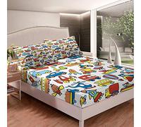 Loussiesd Juego de sábana ajustable, diseño de vehículos de dibujos animados, para niños, ropa de cama con aviones, barcos y vehículos, tamaño King, con 2 fundas de almohada