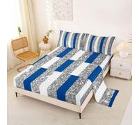 Loussiesd Juego de sábanas azul marino y blanco, tamaño King, juego de cama con purpurina y bolsillo profundo, sábana bajera geométrica, transpirable, suave, ligera, de microfibra, moderno arte a