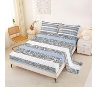 Loussiesd Juego de sábanas azules y blancas, tamaño King, con bolsillo profundo, con purpurina, juego de ropa de cama suave geométrico, 4 piezas con 2 fundas de almohada, arte moderno a rayas