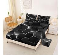 Loussiesd Juego de sábanas con diseño de panal de abeja de tamaño doble, color gris, con diseño de geomética, diseño geométrico de colmena con bolsillo profundo, transpirable, suave y ligera, de