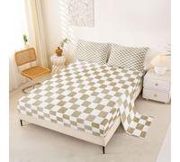 Loussiesd Juego de sábanas con estampado a cuadros, tamaño doble, color marrón, con bolsillo profundo, juego de ropa de cama geométrica, arte abstracto moderno, juego de cama suave, 4 piezas con 2