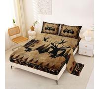 Loussiesd Juego de sábanas de ciervo tamaño doble, juego de cama de 4 piezas con 2 fundas de almohada, diseño de árbol de pino, 4 piezas con 2 fundas de almohada, diseño de animales salvajes