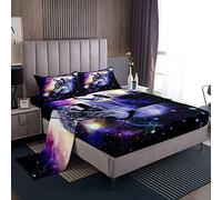 Loussiesd Juego de sábanas de Lobo Galaxia púrpura 3D, Juego de Ropa de Cama de Lobo Espacial Morado, sábanas bajeras de 4 Piezas, Incluye 1 sábana y 1 sábana encimera con 2 Fundas de Almohada, Doble