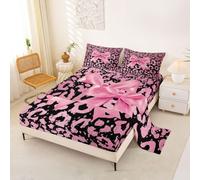 Loussiesd Juego de sábanas de moño de guepardo, tamaño doble, para niños y niñas, estampado de leopardo, juego de sábanas con lazos de coqueta, con bolsillos de 16 pulgadas de profundidad, 4 piezas
