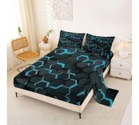 Loussiesd Juego de sábanas de panal de abeja tamaño individual, con diseño geométrico claro, sábana bajera ajustable azul y negro, juego de cama suave, 3 piezas con 1 funda de almohada