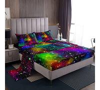 Loussiesd Juego de sábanas Rainbow Galaxy para cama doble, universo nebuloso colorido, bolsillos profundos, 4 piezas - 1 sábana ajustable y 1 colcha con 2 fundas de almohada