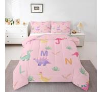 Loussiesd Lindo juego de edredón de dinosaurio, tamaño doble, suave, para niños y niñas, juego de ropa de cama de dinosaurio de dibujos animados, letra inicial, alfabeto, microfibra, animales salvajes