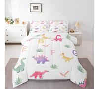 Loussiesd Lindo juego de ropa de cama de dinosaurio, juego de edredón de dinosaurio de dibujos animados, tamaño individual para niños y niñas, letra inicial, alfabeto, animales salvajes, decoración de