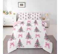 Loussiesd Merry Christmas - Juego de ropa de cama para niños, diseño de árbol de Navidad, tamaño doble, lazo rosa para niños, niñas, decoración de invierno, microfibra, ultra transpirable