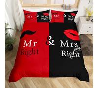 Loussiesd Mr Mrs - Juego de funda de edredón creativa, color negro y rojo, con texto en inglés "Love Man", bigote, mujer, labios románticos, con cita blanca divertida para pareja, día de San Valentín