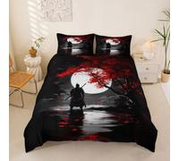 Loussiesd Samurai - Juego de funda de edredón para cama de matrimonio con diseño de árbol de arce japonés para niños y niñas, colcha japonesa Ukiyoe para decoración de dormitorio, 3 piezas, cierre de