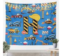 Loussiesd Tapiz de vehículos de construcción, tamaño mediano, 51 x 59 pulgadas, diseño de excavadora con letra H, para colgar en la pared, diseño de dibujos animados, coche, tractor, arte de pared