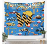 Loussiesd Tapiz grande de vehículos de construcción, 147 x 200 cm, diseño de excavadora con letra W, cobija para colgar en la pared, diseño de dibujos animados, coche, tractor, arte de pared para sala