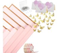 Louttary 40 Hojas de Papel de Regalo de Flores con 4 Rollos de Cintas de Flores, 20 Tarjetas, 36 Piezas de Mariposas Doradas 3D, Rosa