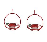 Louttary Comedero para pájaros colgante circular, apilable, con marco de metal, bandeja de plástico rojo, duradera, fácil instalación, fácil de usar, 2 unidades