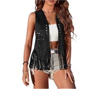 LouVasabuce Chaleco bohemio con borlas occidentales para mujer, frente abierto, de ante sintético, con flecos, chaqueta sin mangas, vintage, hippie, ropa para exteriores, Negro, XXL