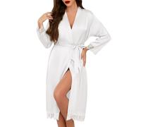 Lovasy Batas Saten Mujer Verano Manga Larga Encaje Kimono Mujer Japones de Casa Sexy Bata Novia con Cinturón,Blanco,M