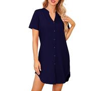 Lovasy Camison Algodon Mujer Verano Manga Corta Camison Lactancia con Botones Camisones para Mujer con Bolsillos,Azul Marino,XL
