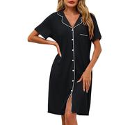 Lovasy Camison Botones Mujer Algodon Verano Manga Corta Lactancia Camisones para Mujer con Bolsillos,Negro,XL