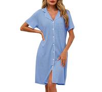 Lovasy Camison Botones Mujer Algodon Verano Manga Corta Lactancia Camisones para Mujer con Bolsillos,Azul Claro,XXL
