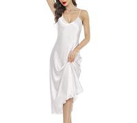 Lovasy Camison Saten Mujer Largo Sexy Camisones Verano Tirantes Ajustable Lenceria Camisón para Mujer Ligero y Suave Dormir,Blanco,XXL