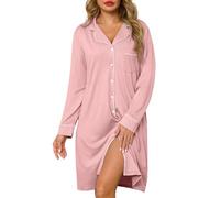 Lovasy Camisones de Mujer Algodon Manga Larga con Botones | Camison Mujer Invierno Solapa, Largo Hasta la Rodilla, Camisón Lactancia Dormir con Bolsillos