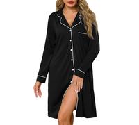 Lovasy Camisones de Mujer Algodon Manga Larga con Botones | Camison Mujer Invierno Solapa, Largo Hasta la Rodilla, Camisón Lactancia Dormir con Bolsillos