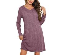 Lovasy Camisones de Mujer Invierno Camisón Manga Larga Cuello V Ropa de Dormir Mujer Camison de canalé Super Suave,Morado Rojo,M