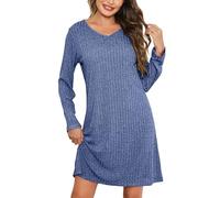 Lovasy Camisones de Mujer Invierno Camisón Manga Larga Cuello V Ropa de Dormir Mujer Camison de canalé Super Suave,Azul,L