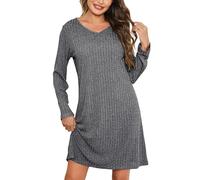 Lovasy Camisones de Mujer Invierno Camisón Manga Larga Cuello V Ropa de Dormir Mujer Camison de canalé Super Suave,Gris Oscuro,XL