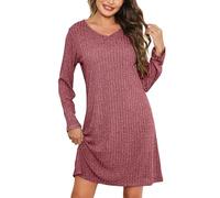 Lovasy Camisones de Mujer Invierno Camisón Manga Larga Cuello V Ropa de Dormir Mujer Camison de canalé Super Suave,Rojo Vino,S