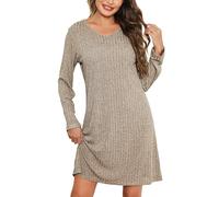 Lovasy Camisones de Mujer Invierno Camisón Manga Larga Cuello V Ropa de Dormir Mujer Camison de canalé Super Suave,Caqui,M